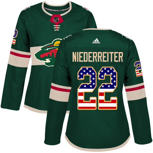 Adidas Wild #22 Nino Niederreiter Green Home Authentic USA Flag Women's Stitched NHL Jersey - Click Image to Close